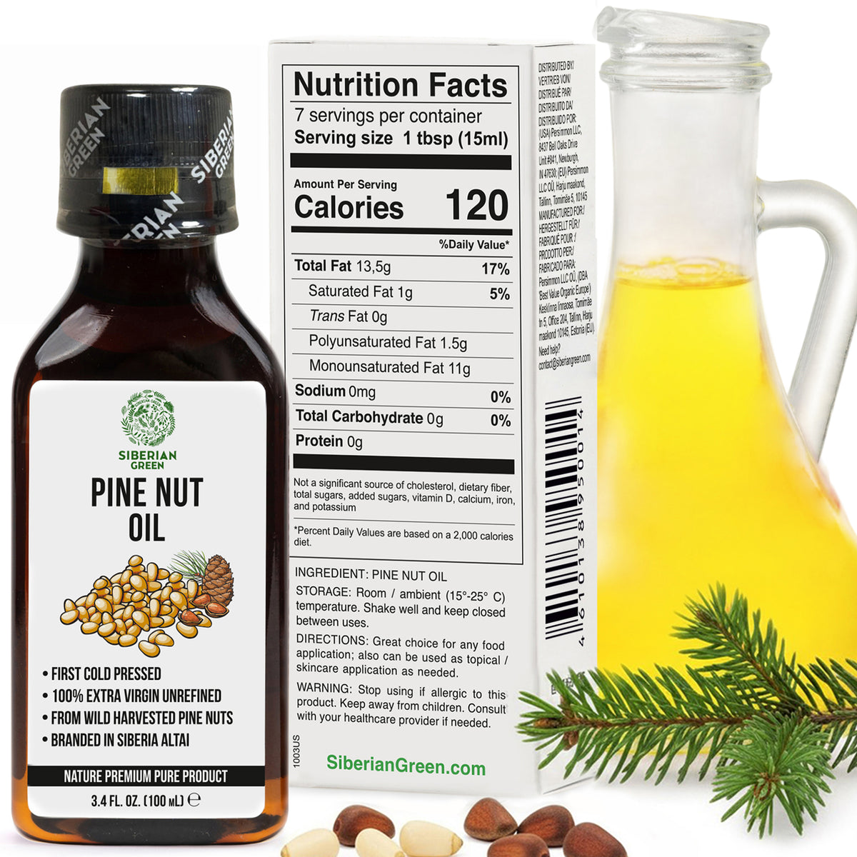 Aceite de piñón siberiano | 100 % natural, virgen extra, prensado en frío, 100 ml, 3,4 fl oz | Sin refinar, crudo, cosechado en estado silvestre, Omega-6 exclusivo