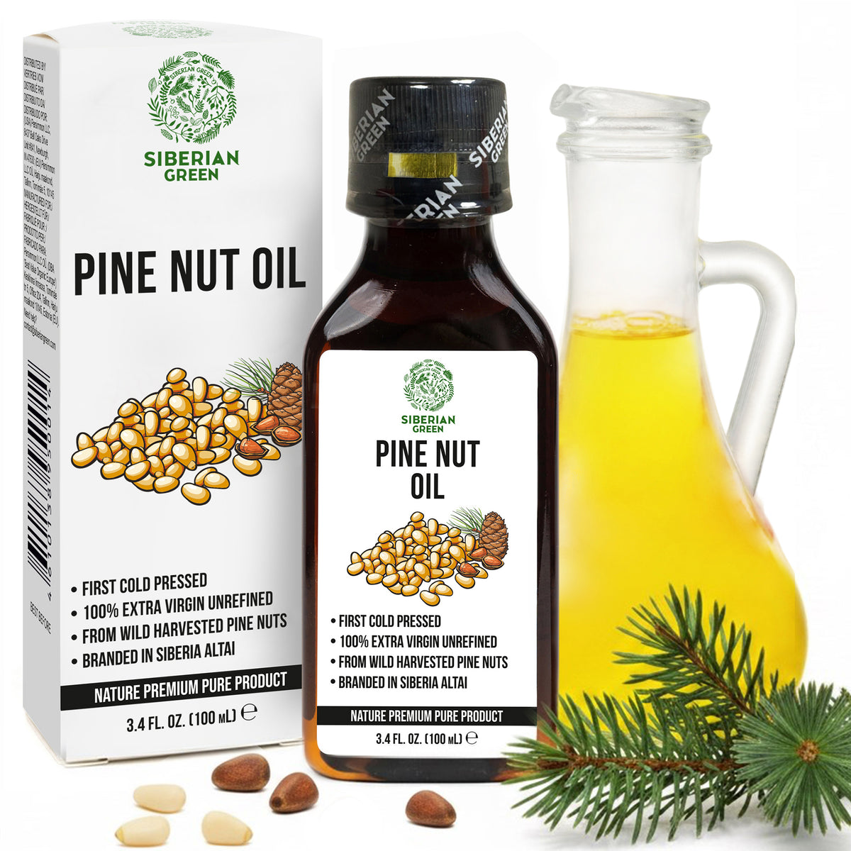 Aceite de piñón siberiano | 100 % natural, virgen extra, prensado en frío, 100 ml, 3,4 fl oz | Sin refinar, crudo, cosechado en estado silvestre, Omega-6 exclusivo
