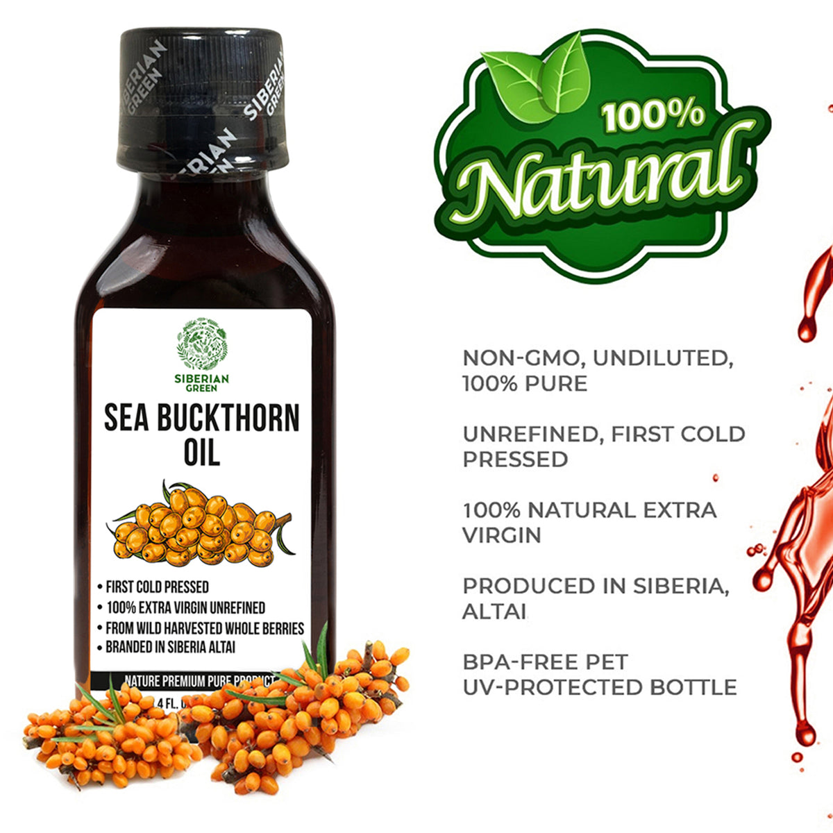 Siberian Sea Buckthorn Oil | 100% Extra Virgin Cold Pressed | 100ml