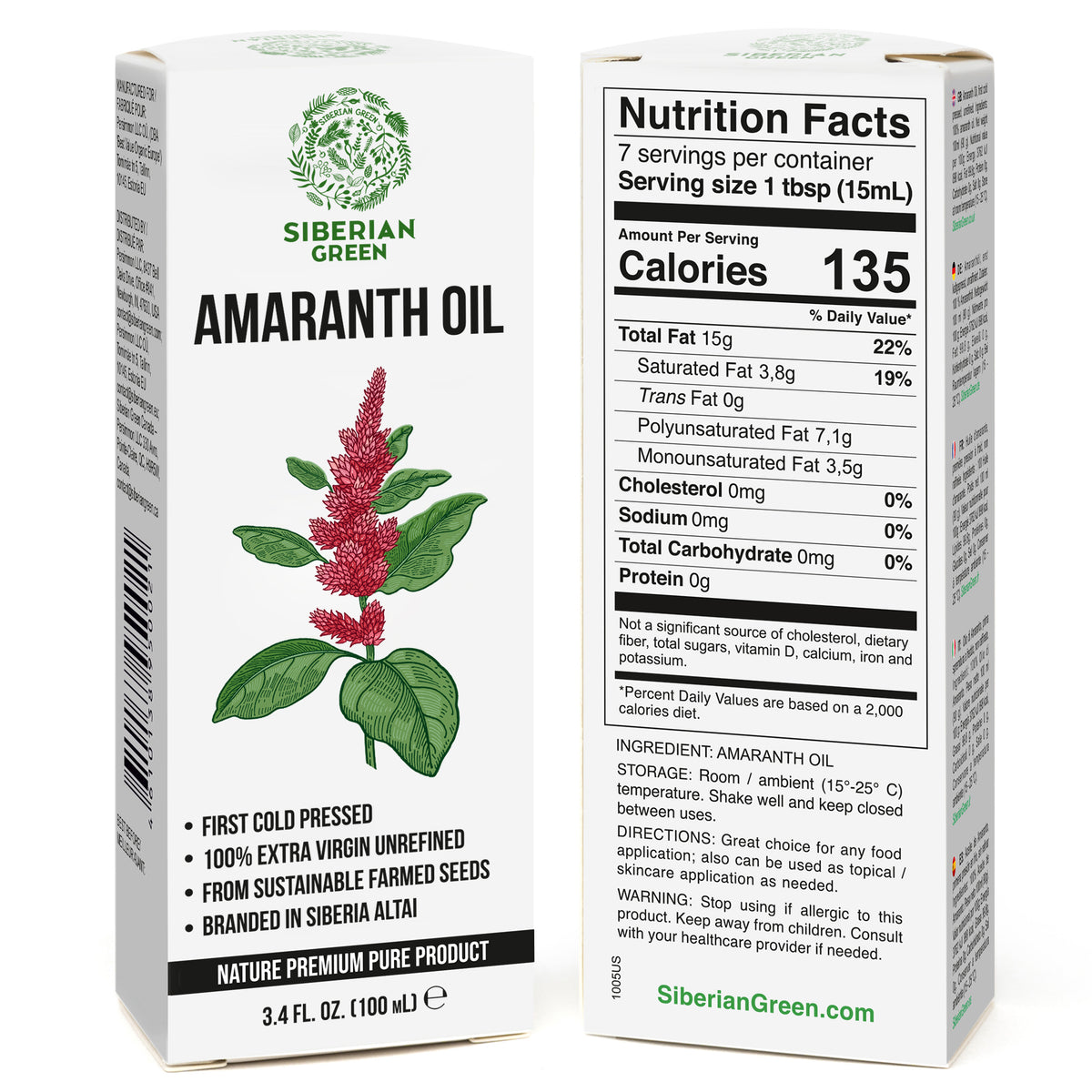 Aceite de amaranto siberiano | Virgen extra prensado en frío 100 ml / 3,4 fl oz | Escualeno de primera calidad