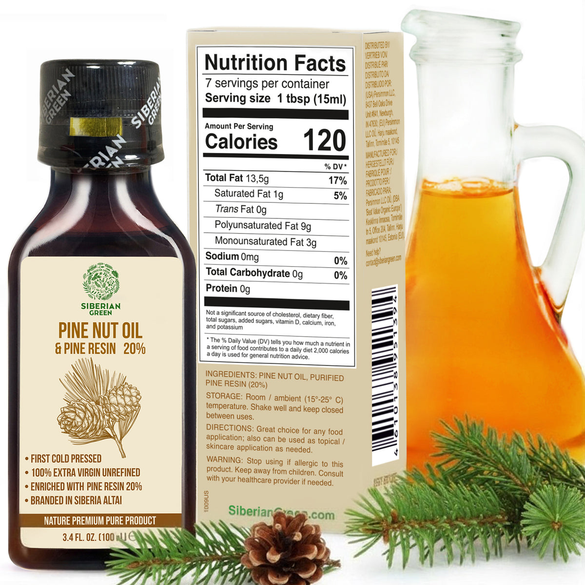 Aceite de piñón siberiano con resina de pino cedro, puro, natural, 100 % virgen extra, prensado en frío, 100 ml/3,4 fl oz 
