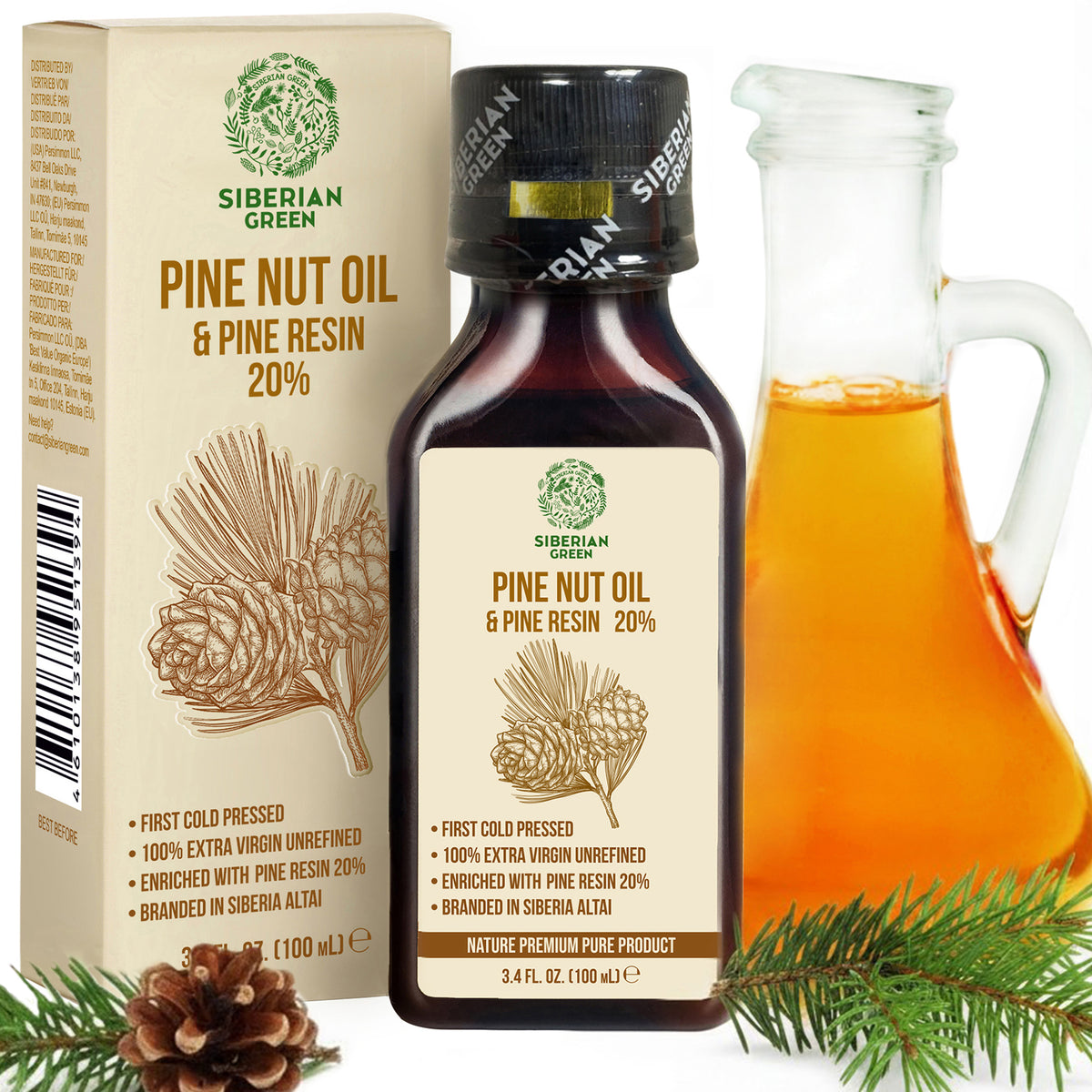 Aceite de piñón siberiano con resina de pino cedro, puro, natural, 100 % virgen extra, prensado en frío, 100 ml/3,4 fl oz 
