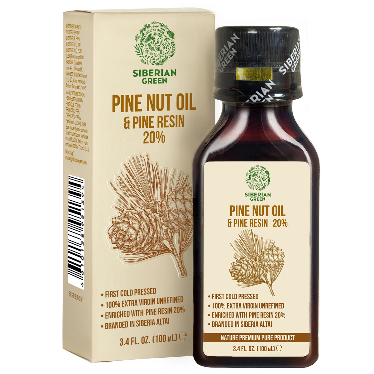 Aceite de piñón siberiano con resina de pino cedro, puro, natural, 100 % virgen extra, prensado en frío, 100 ml/3,4 fl oz 