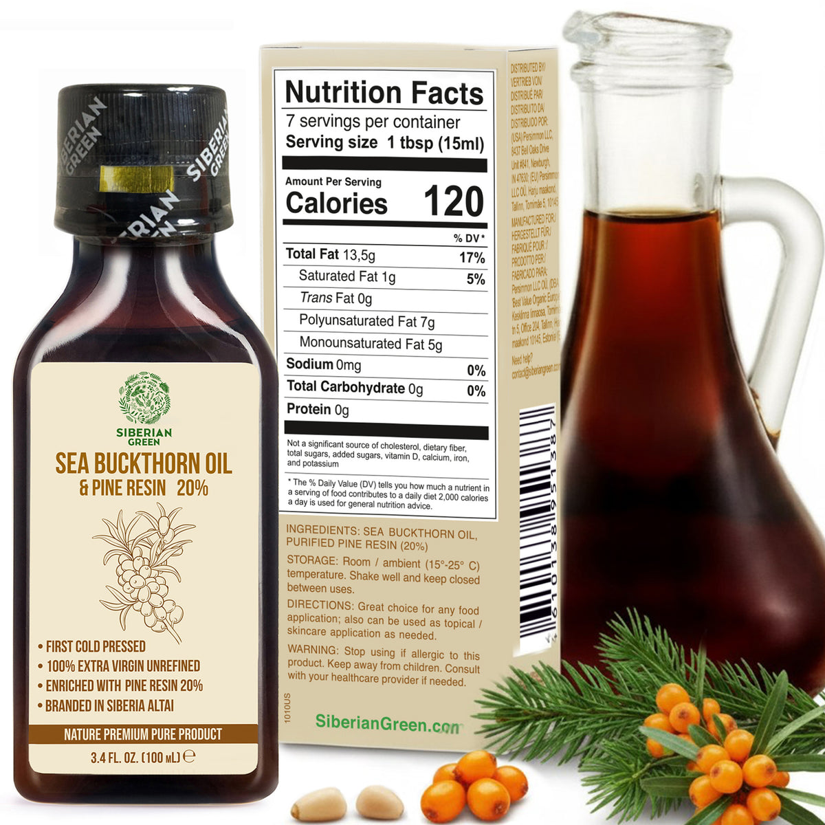 Aceite de espino amarillo siberiano con resina de pino y cedro, puro, natural, 100 % virgen extra, prensado en frío, 100 ml/3,4 fl oz 