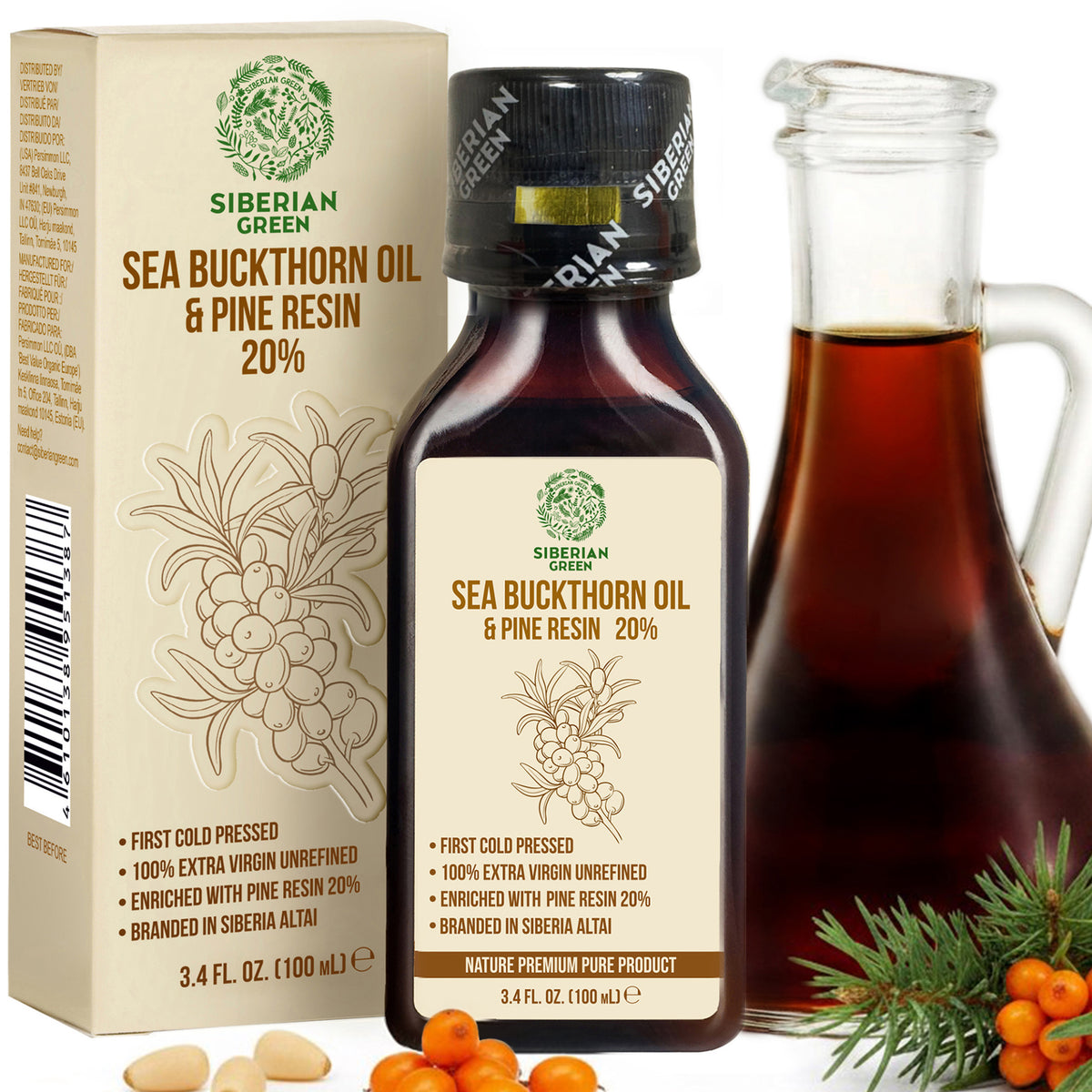 Aceite de espino amarillo siberiano con resina de pino y cedro, puro, natural, 100 % virgen extra, prensado en frío, 100 ml/3,4 fl oz 
