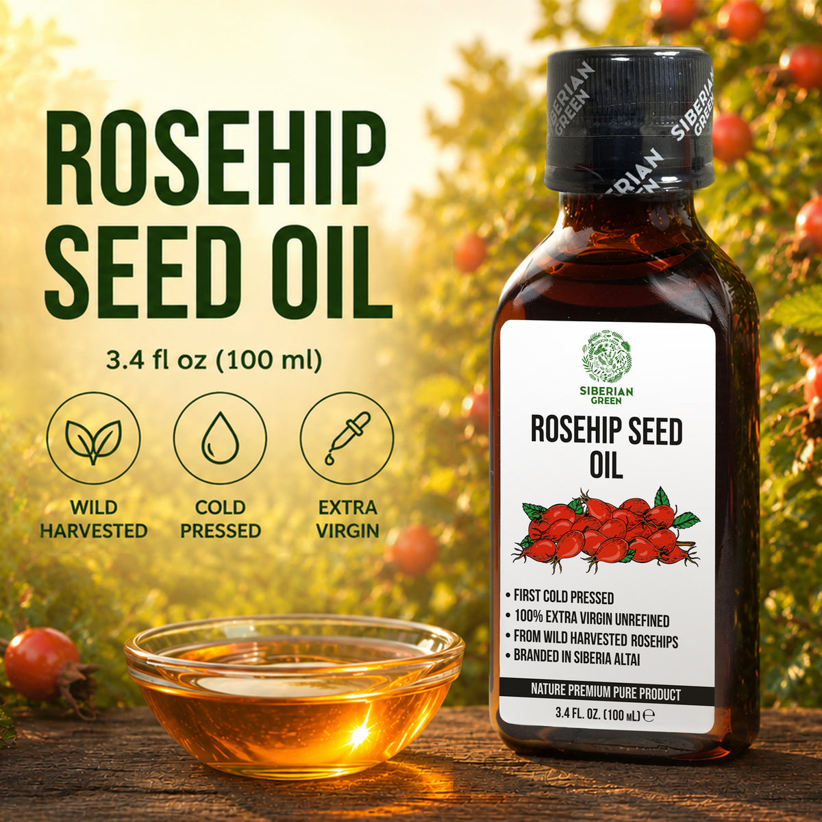 Siberian Green Wild Harvested Rosehip Seed Oil 100ml | Extra Virgin 100% Natural Skin and Wellness