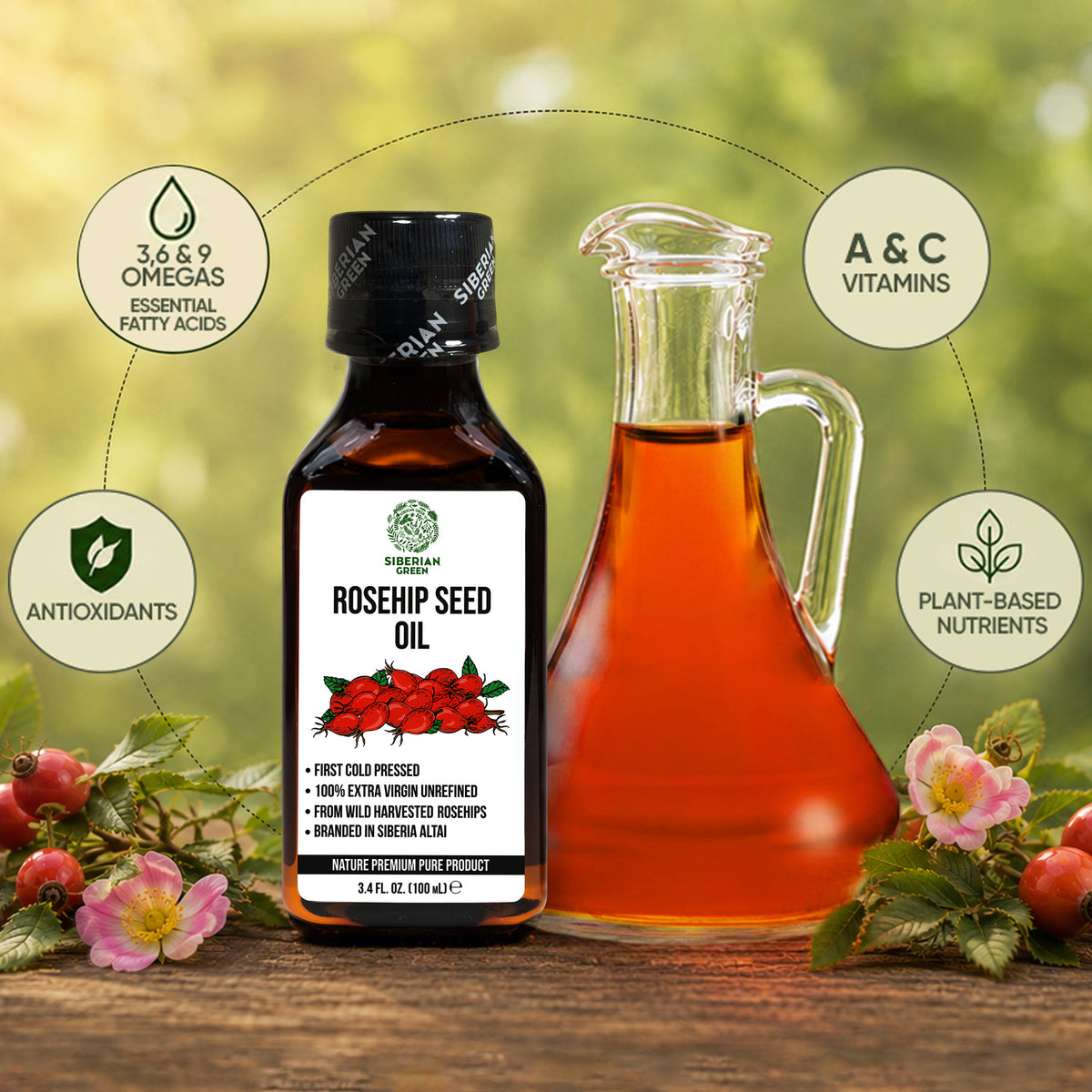 Siberian Green Wild Harvested Rosehip Seed Oil 100ml | Extra Virgin 100% Natural Skin and Wellness