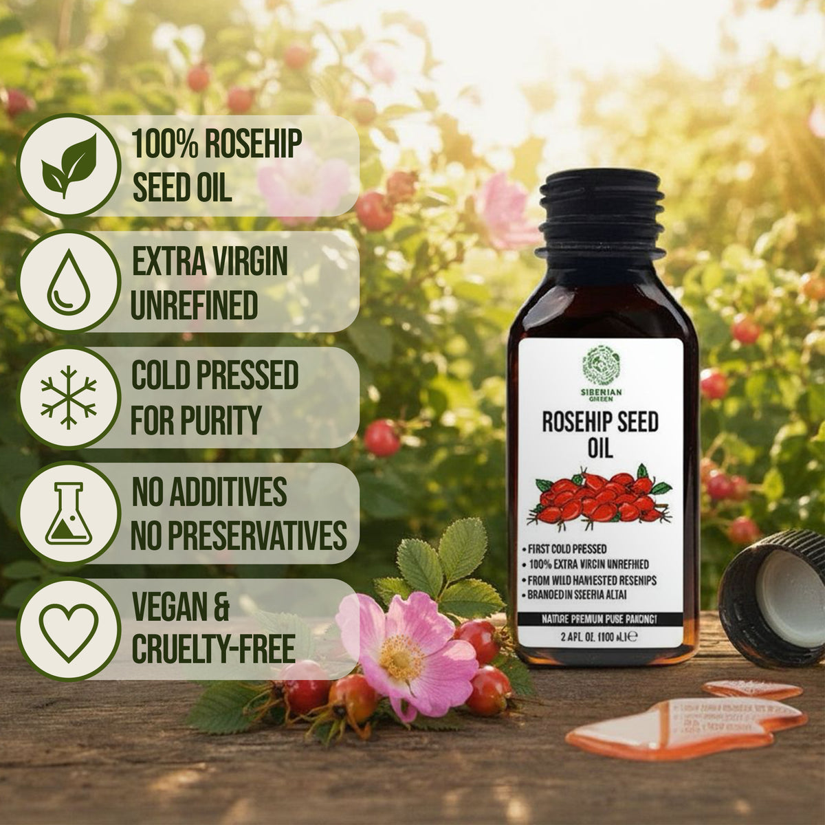 Siberian Green Wild Harvested Rosehip Seed Oil 100ml | Extra Virgin 100% Natural Skin and Wellness