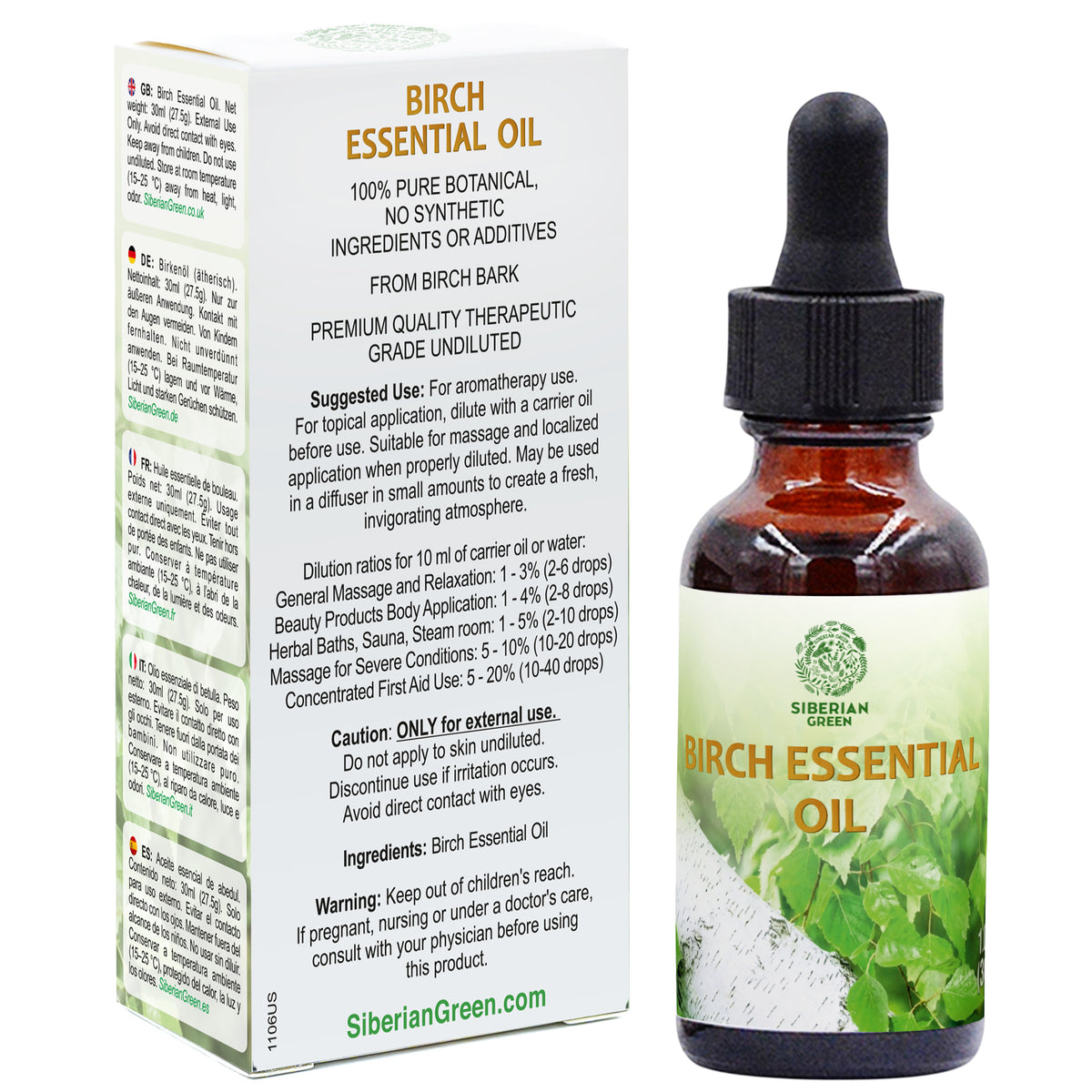 Siberian Green Birch Essential Oil 30 ml 1.0 fl oz Undiluted Aromatherapy Oil Therapeutic Grade