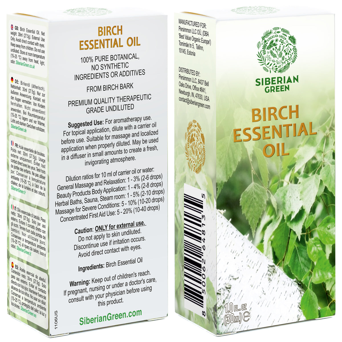 Siberian Green Birch Essential Oil 30 ml 1.0 fl oz Undiluted Aromatherapy Oil Therapeutic Grade