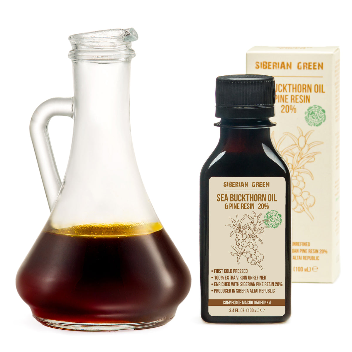 Aceite de espino amarillo siberiano con resina de pino y cedro, puro, natural, 100 % virgen extra, prensado en frío, 100 ml/3,4 fl oz 