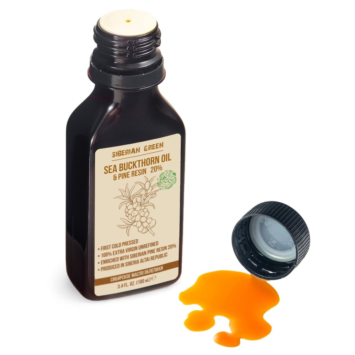 Aceite de espino amarillo siberiano con resina de pino y cedro, puro, natural, 100 % virgen extra, prensado en frío, 100 ml/3,4 fl oz 