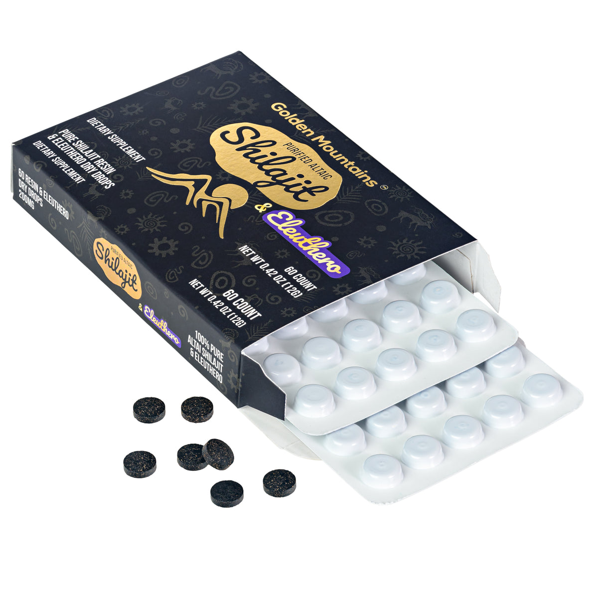 Siberian Green Shilajit Dry Drops w Eleuthero extract | Altai Golden Mountains | 60 x 200mg
