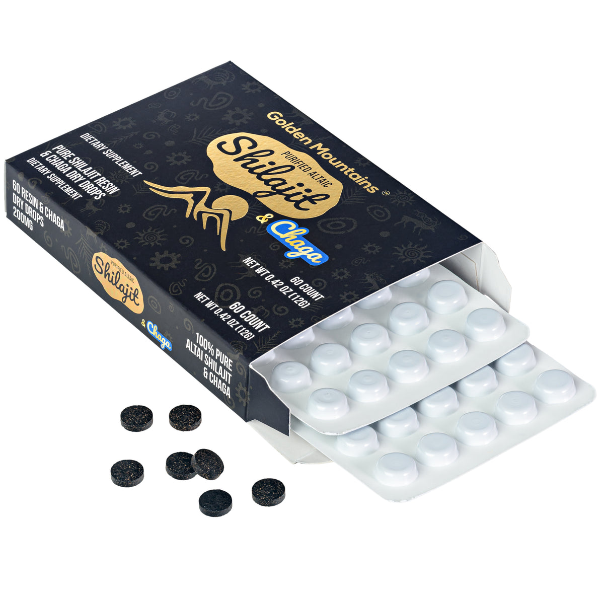 Siberian Green Shilajit Dry Drops w Chaga Birch extract | Altai Golden Mountains | 60 x 200mg