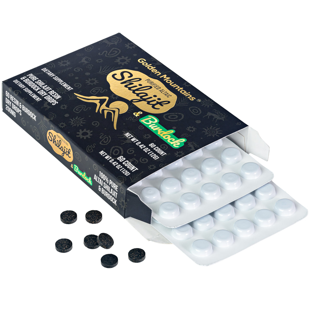 Siberian Green Shilajit Dry Drops w Burdock Root extract | Altai Golden Mountains | 60 x 200mg