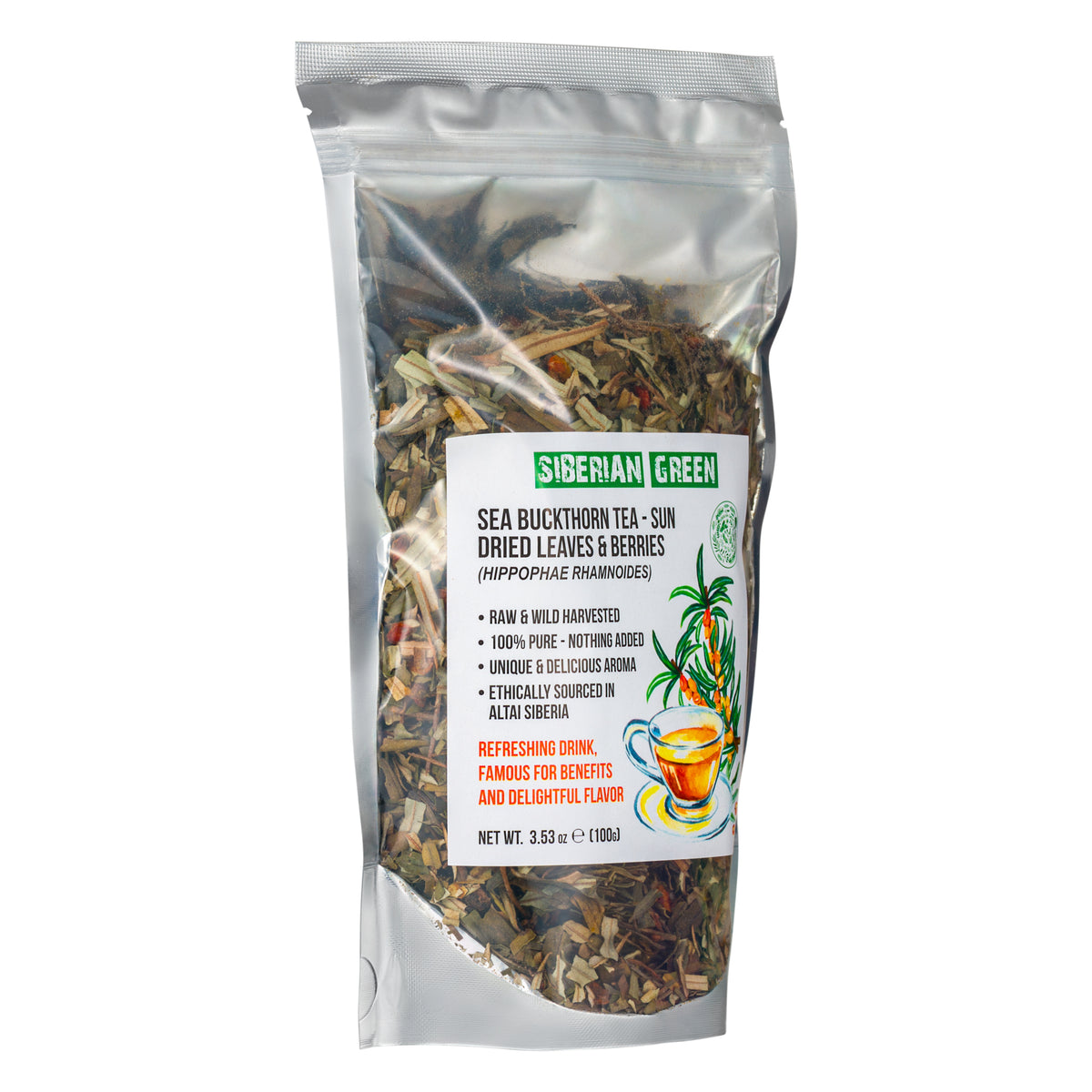 Té de espino amarillo siberiano, 100 g (3,53 oz), hojas secadas al sol de Hippophae, recolectadas de forma silvestre en las montañas de Altái