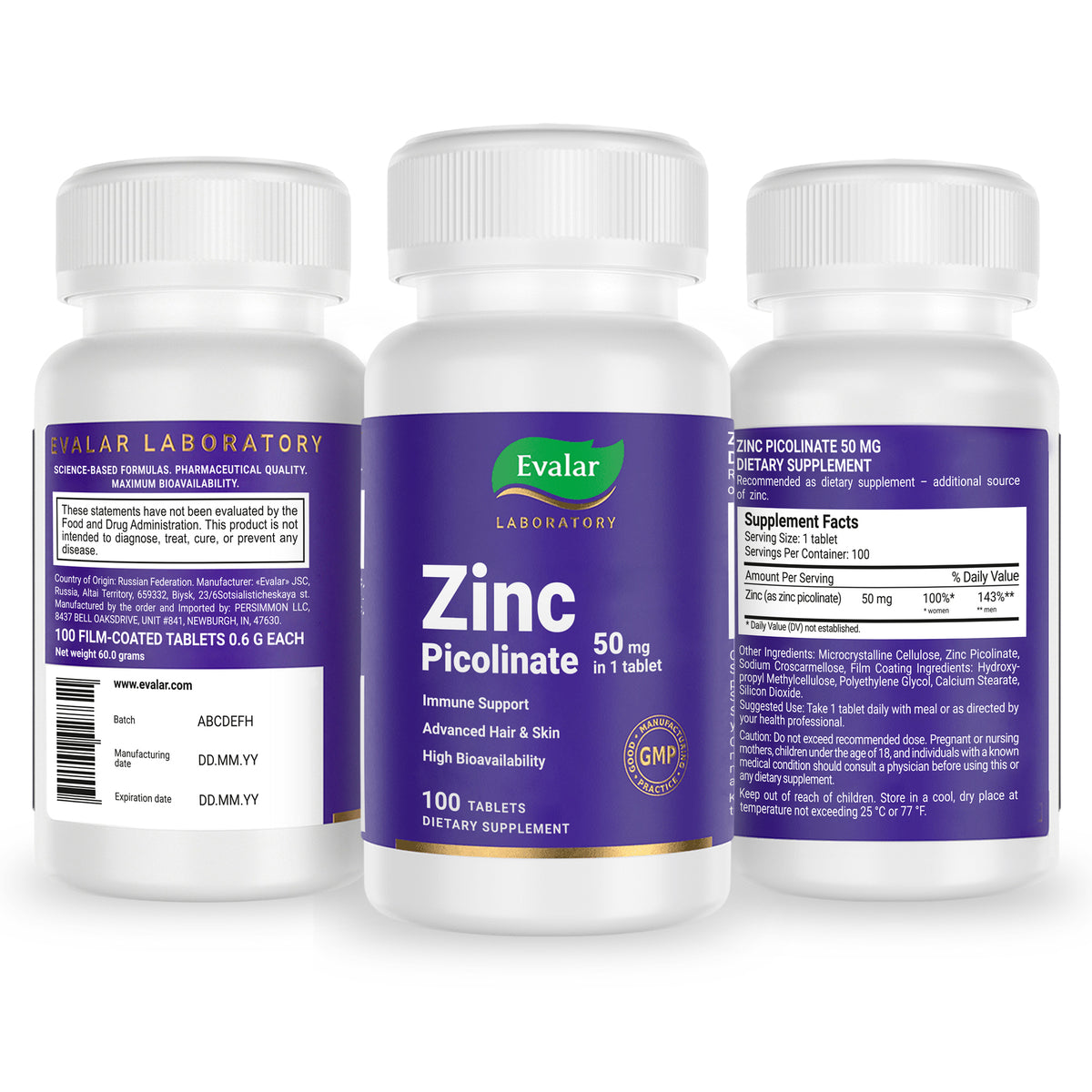 Evalar Zinc Picolinate 50 mg 100 Tablets