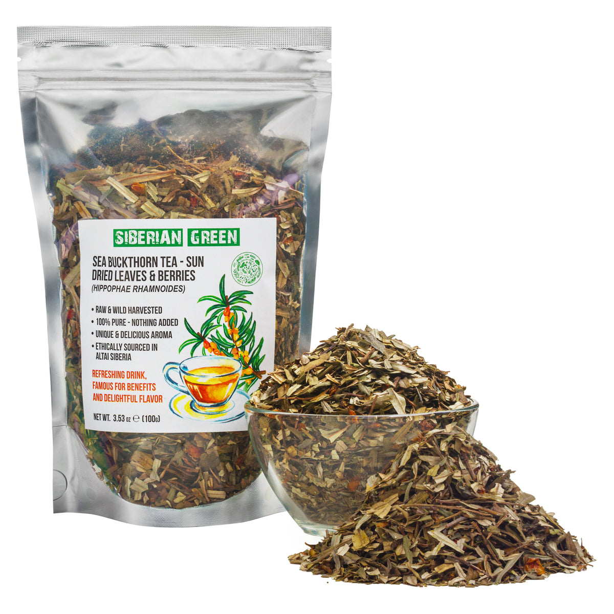 Té de espino amarillo siberiano, 100 g (3,53 oz), hojas secadas al sol de Hippophae, recolectadas de forma silvestre en las montañas de Altái