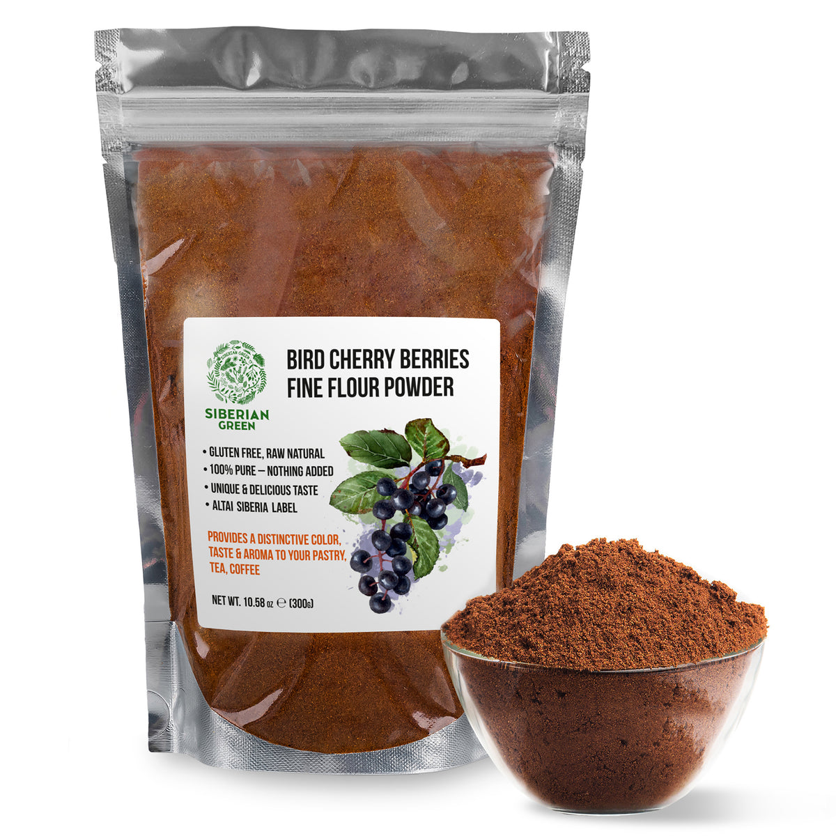 Harina fina de cereza de pájaro siberiana en polvo, 300 g (10,58 oz), cosechada de forma silvestre en la región de Altai