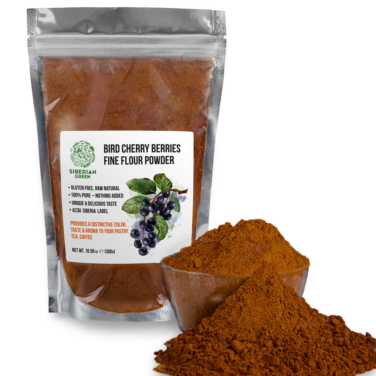 Harina fina de cereza de pájaro siberiana en polvo, 300 g (10,58 oz), cosechada de forma silvestre en la región de Altai