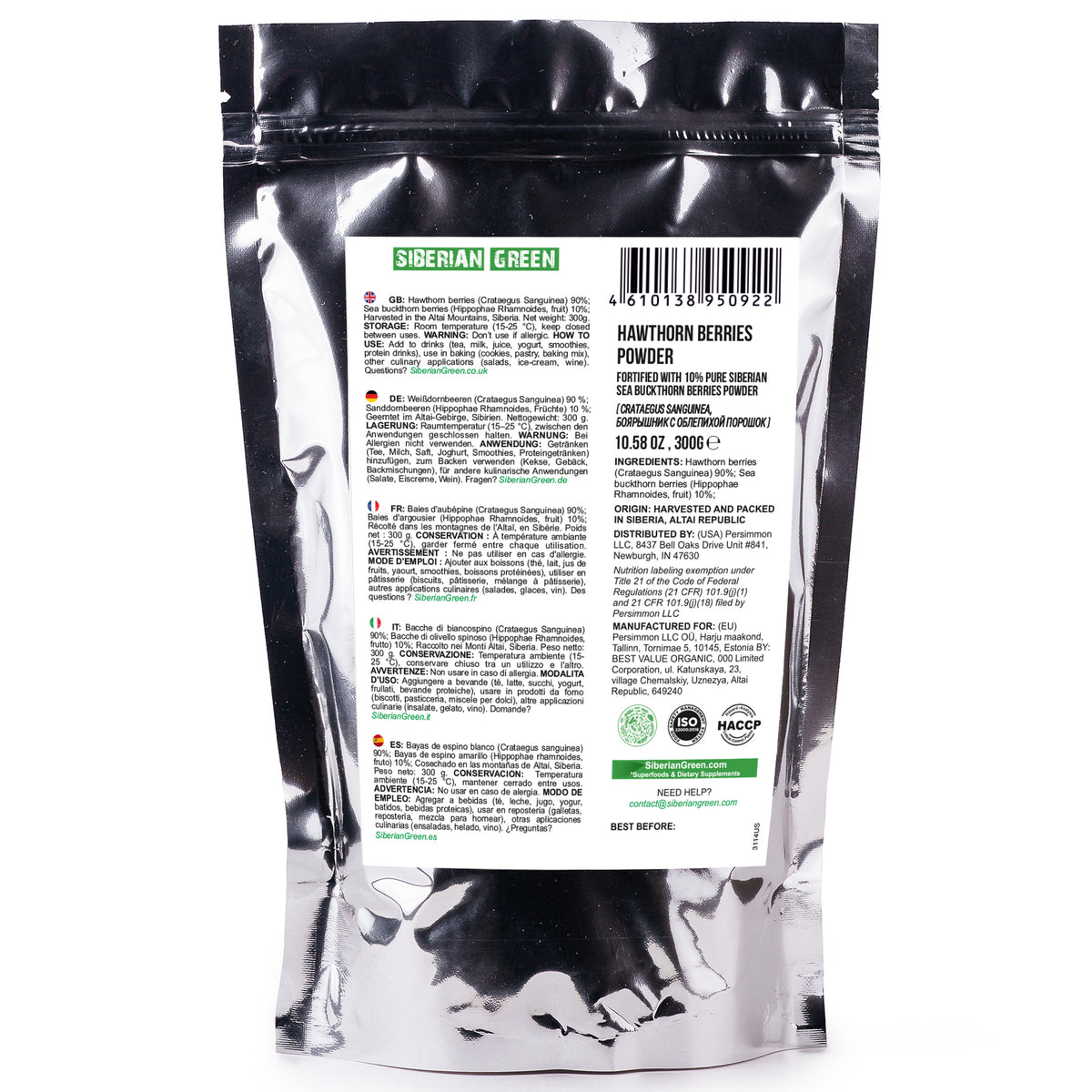 Harina de té en polvo de bayas secas de espino siberiano, 300 g (10,58 oz) Crataegus sanguinea silvestre cosechado en Altai