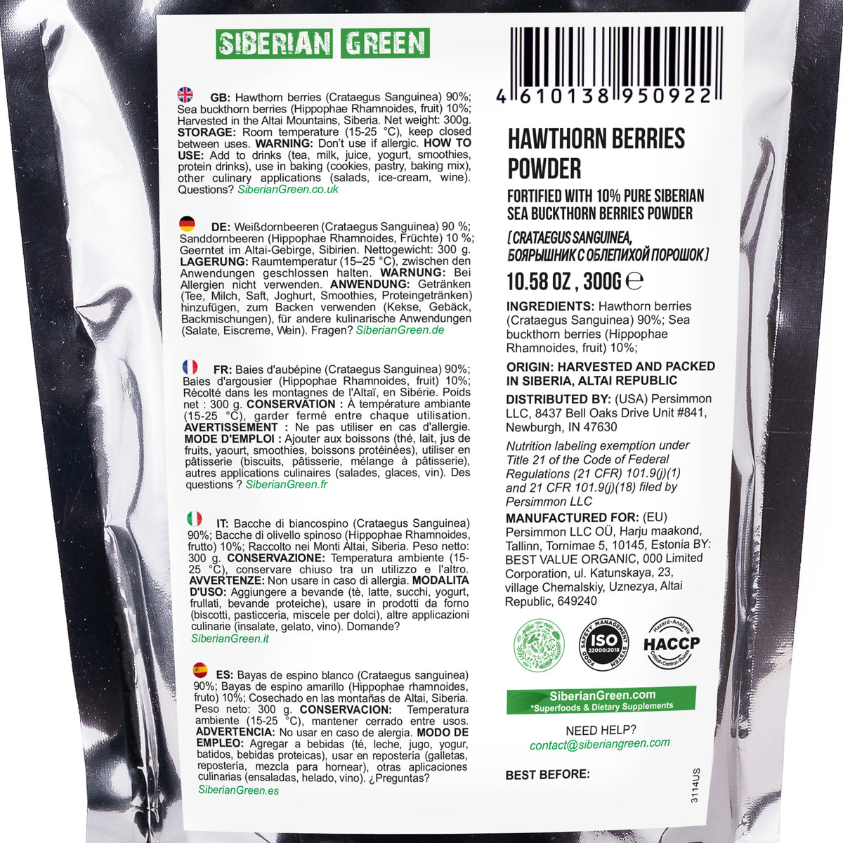 Harina de té en polvo de bayas secas de espino siberiano, 300 g (10,58 oz) Crataegus sanguinea silvestre cosechado en Altai