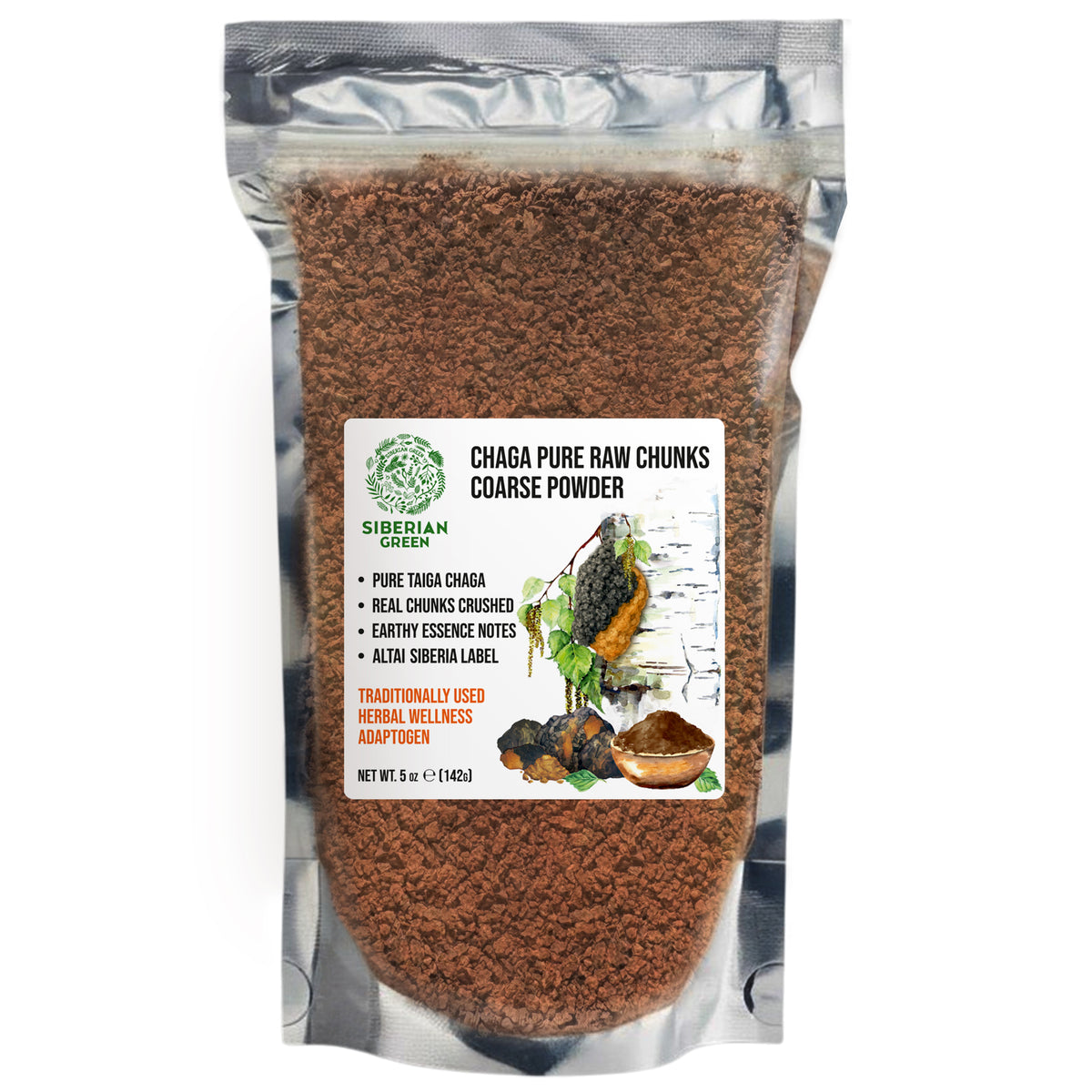 Siberian Green Chaga Pure Raw Chunks Coarse Powder 5 oz (142g) Wildcrafted Mushroom Tea and Adaptogenic Superfood (Inonotus obliquus)