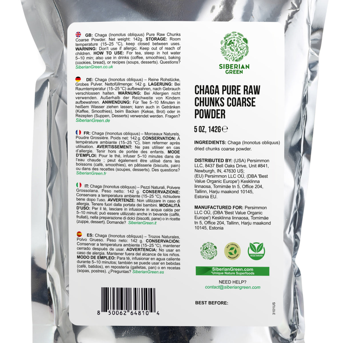Siberian Green Chaga Pure Raw Chunks Coarse Powder 5 oz (142g) Wildcrafted Mushroom Tea and Adaptogenic Superfood (Inonotus obliquus)