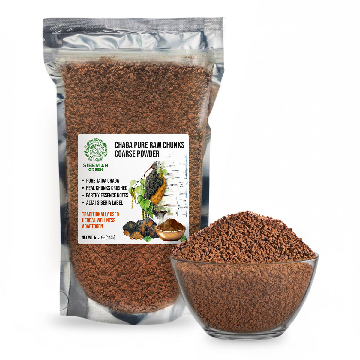 Siberian Green Chaga Pure Raw Chunks Coarse Powder 5 oz (142g) Wildcrafted Mushroom Tea and Adaptogenic Superfood (Inonotus obliquus)