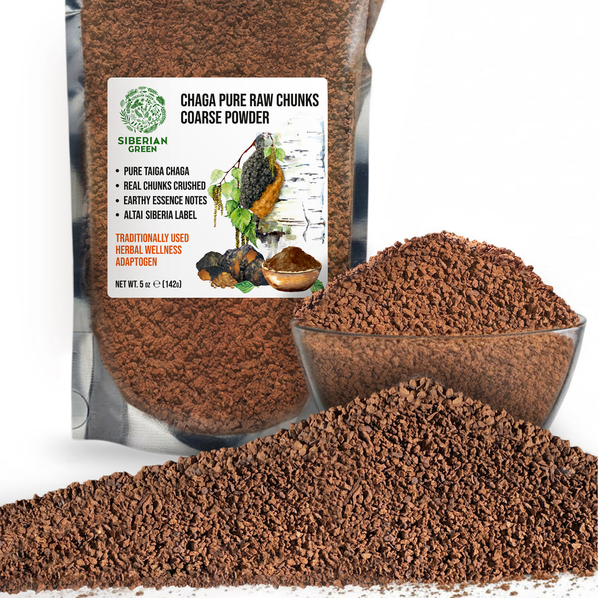 Siberian Green Chaga Pure Raw Chunks Coarse Powder 5 oz (142g) Wildcrafted Mushroom Tea and Adaptogenic Superfood (Inonotus obliquus)