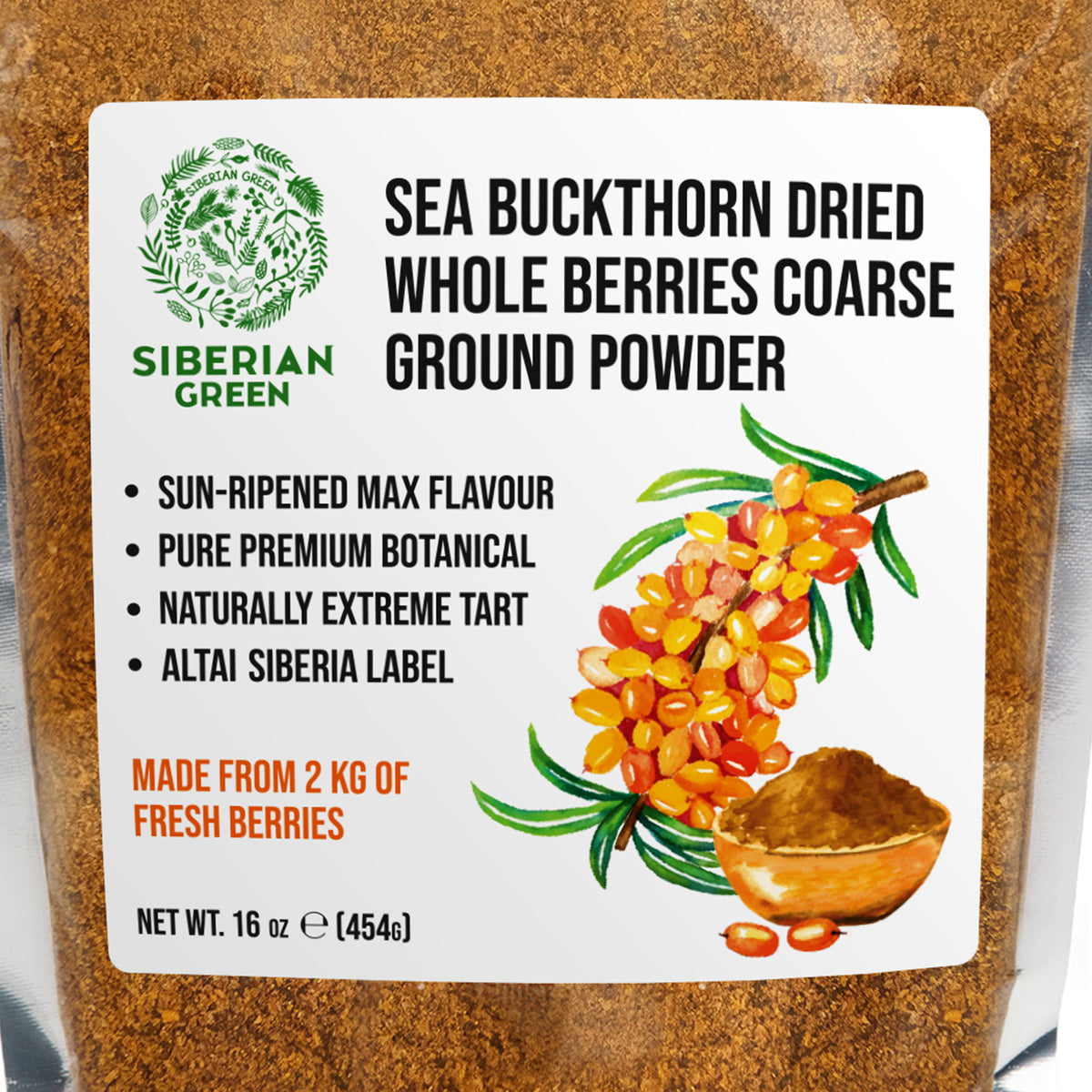 Siberian Green Sea Buckthorn Dried Whole Berries Coarse Ground Powder – 16 oz (454 g) Superfruit Herbal Tea Smoothie 100% Pure Hippophae rhamnoides