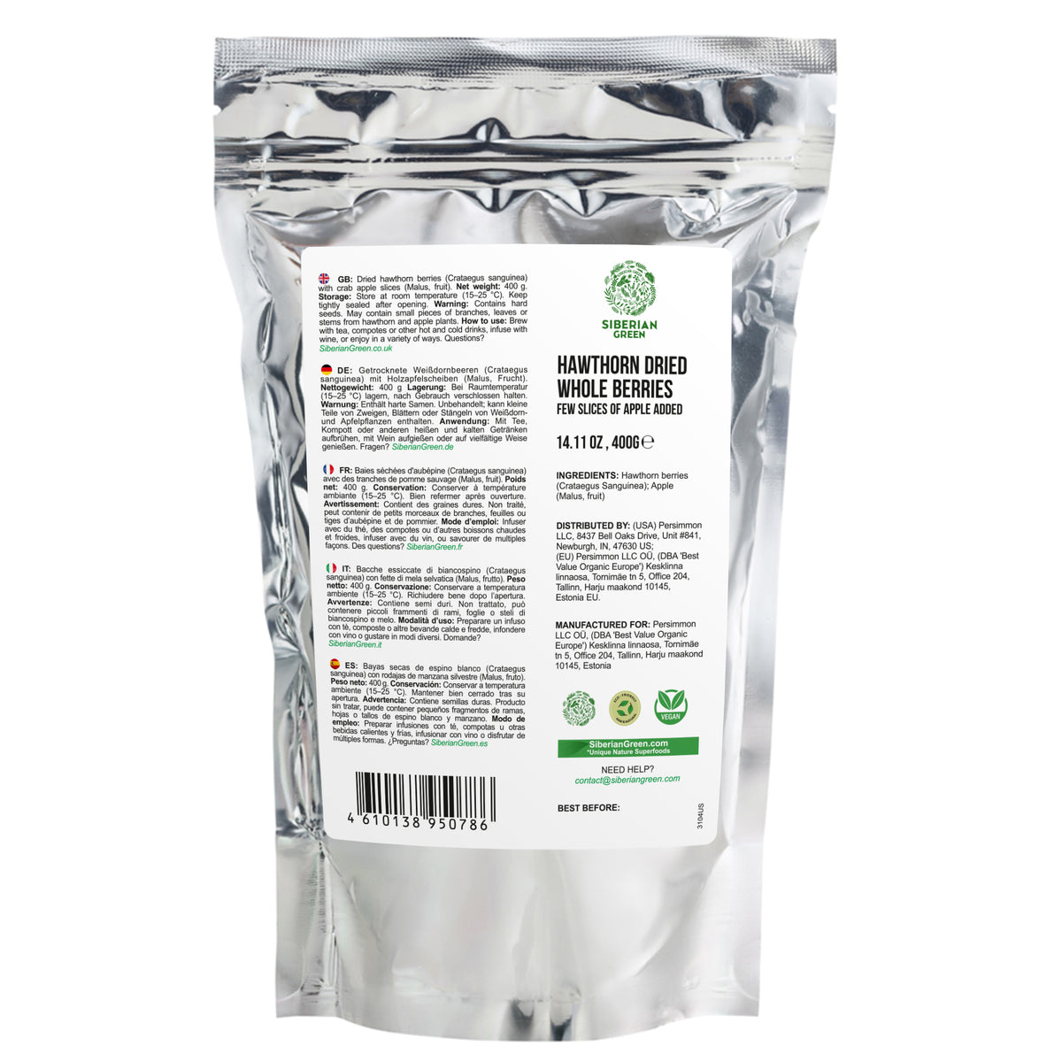 Bayas secas de espino rojo entero 400 g (14,11 oz) Crataegus sanguinea recolectado de forma silvestre en Altai