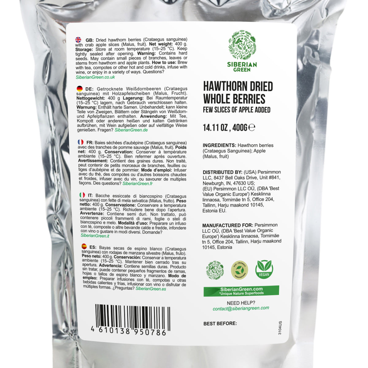 Bayas secas de espino rojo entero 400 g (14,11 oz) Crataegus sanguinea recolectado de forma silvestre en Altai