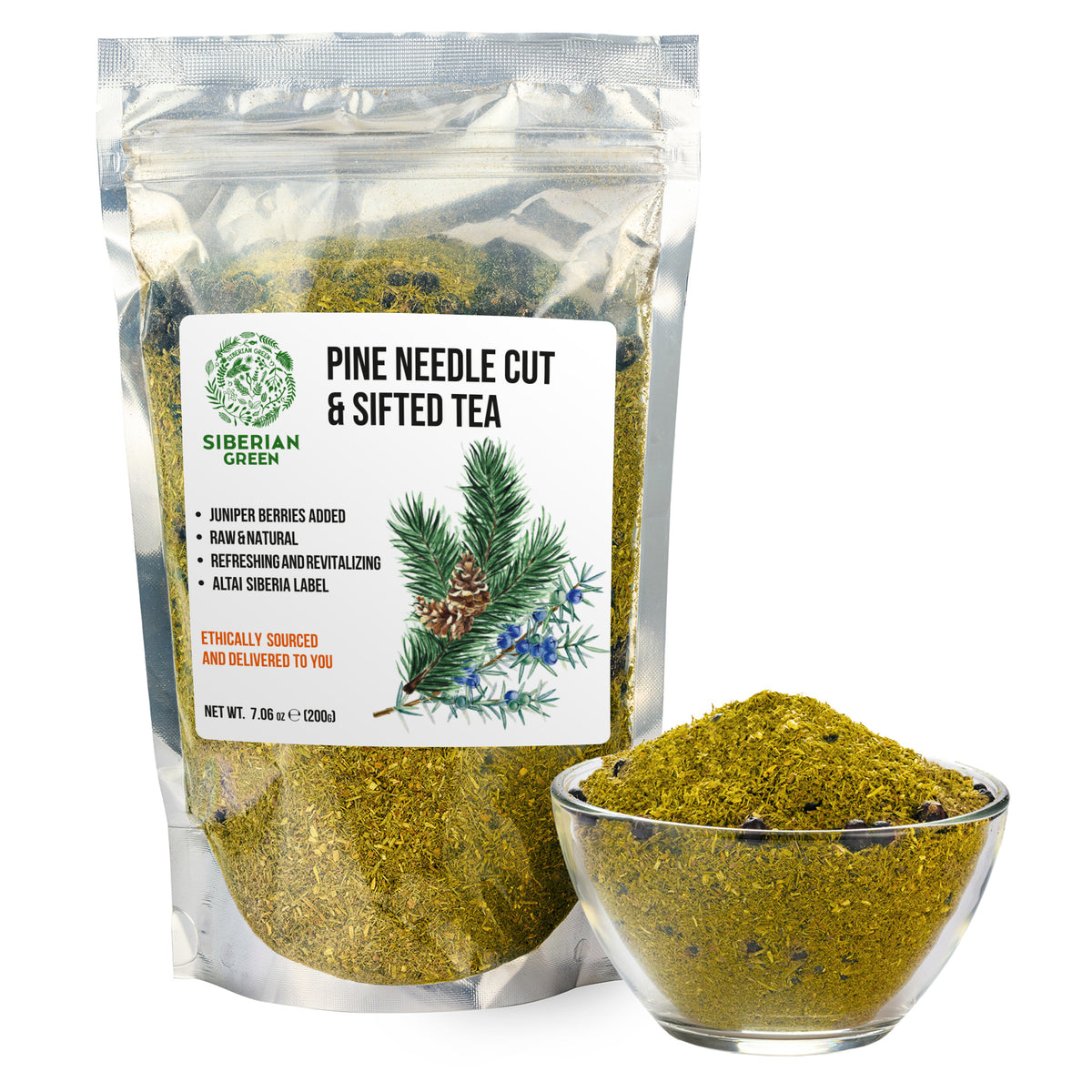 Polvo suelto de té de agujas de pino, 200 g (7,05 oz), pino blanco Pinus sibirica cosechado de forma silvestre