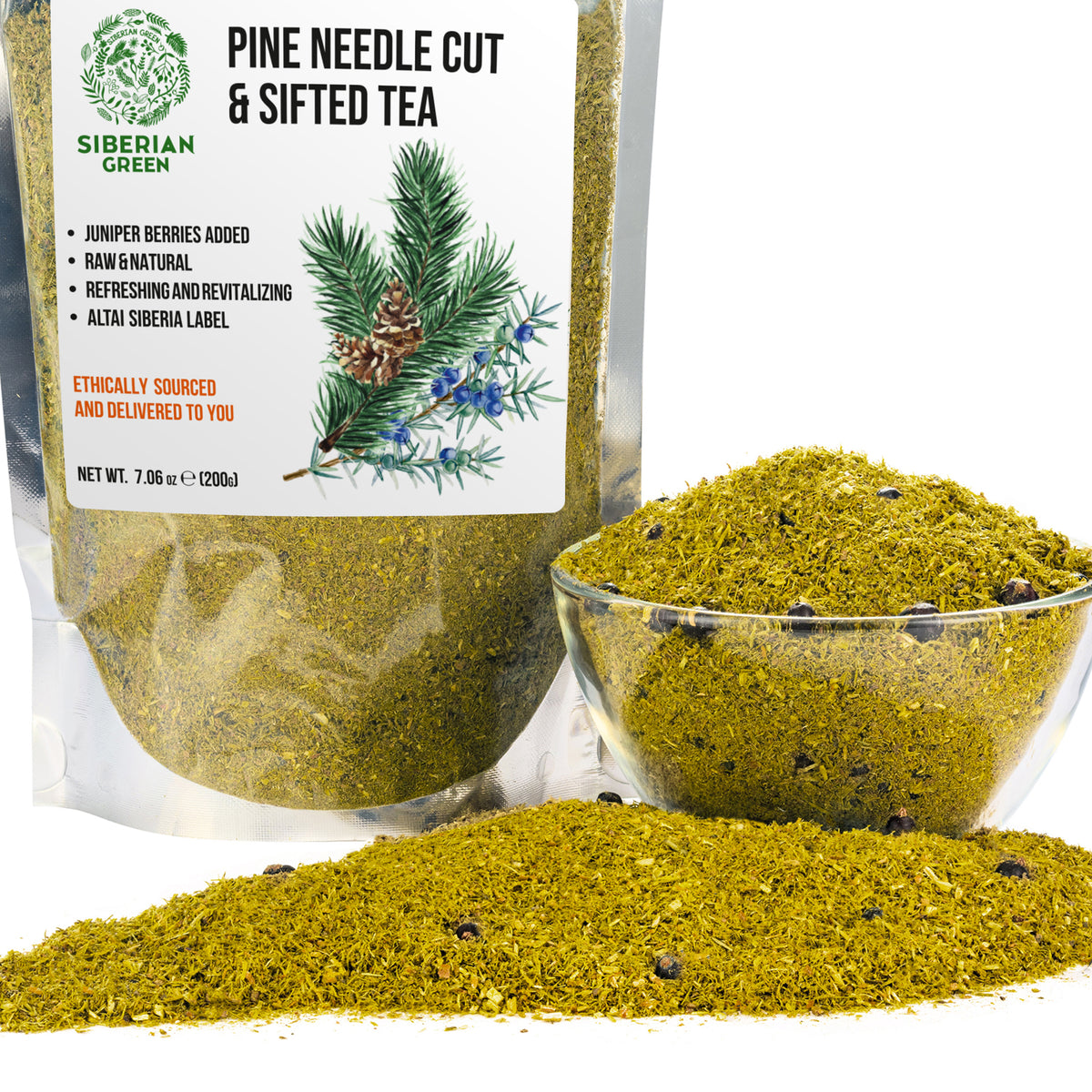 Polvo suelto de té de agujas de pino, 200 g (7,05 oz), pino blanco Pinus sibirica cosechado de forma silvestre