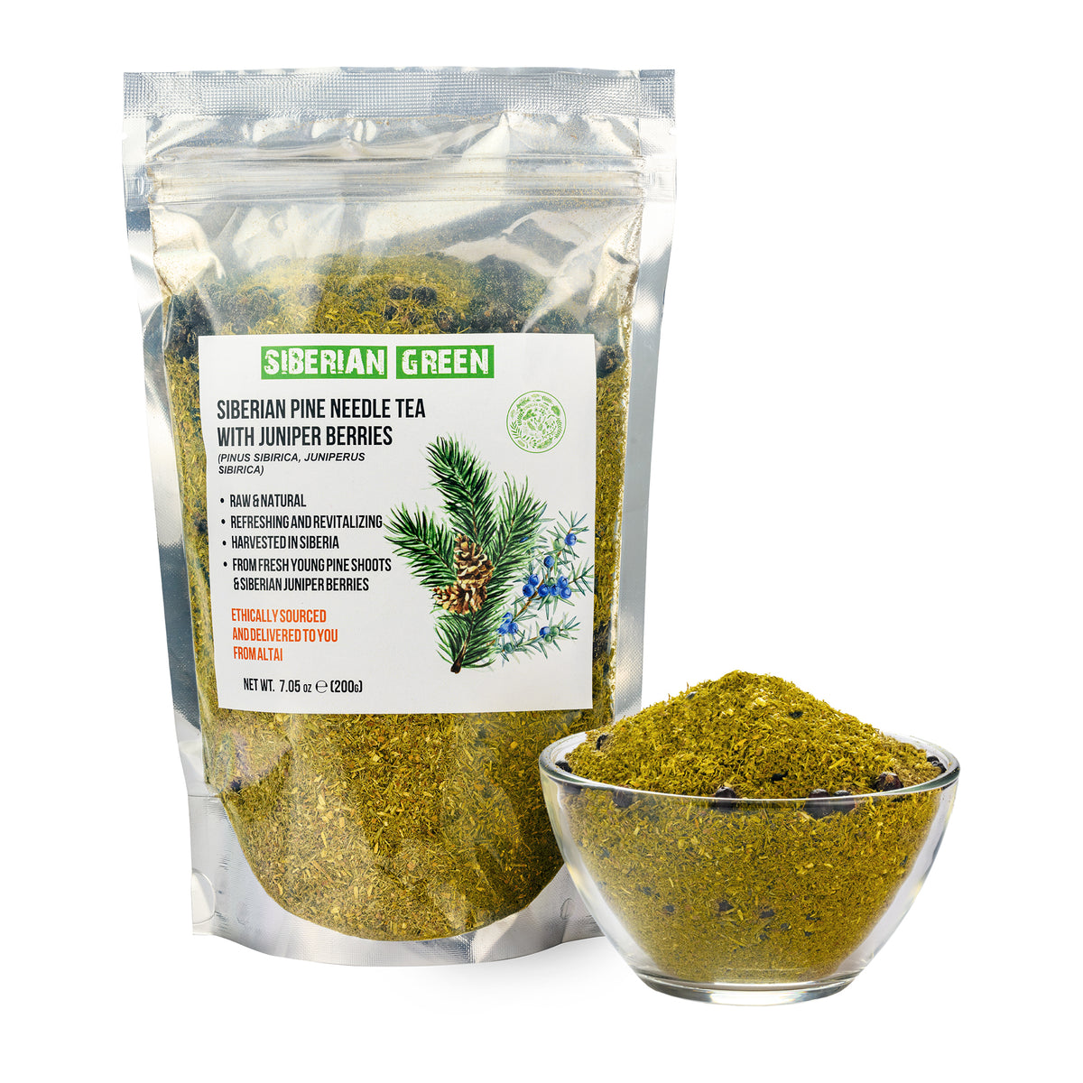 Polvo suelto de té de agujas de pino, 200 g (7,05 oz), pino blanco Pinus sibirica cosechado de forma silvestre