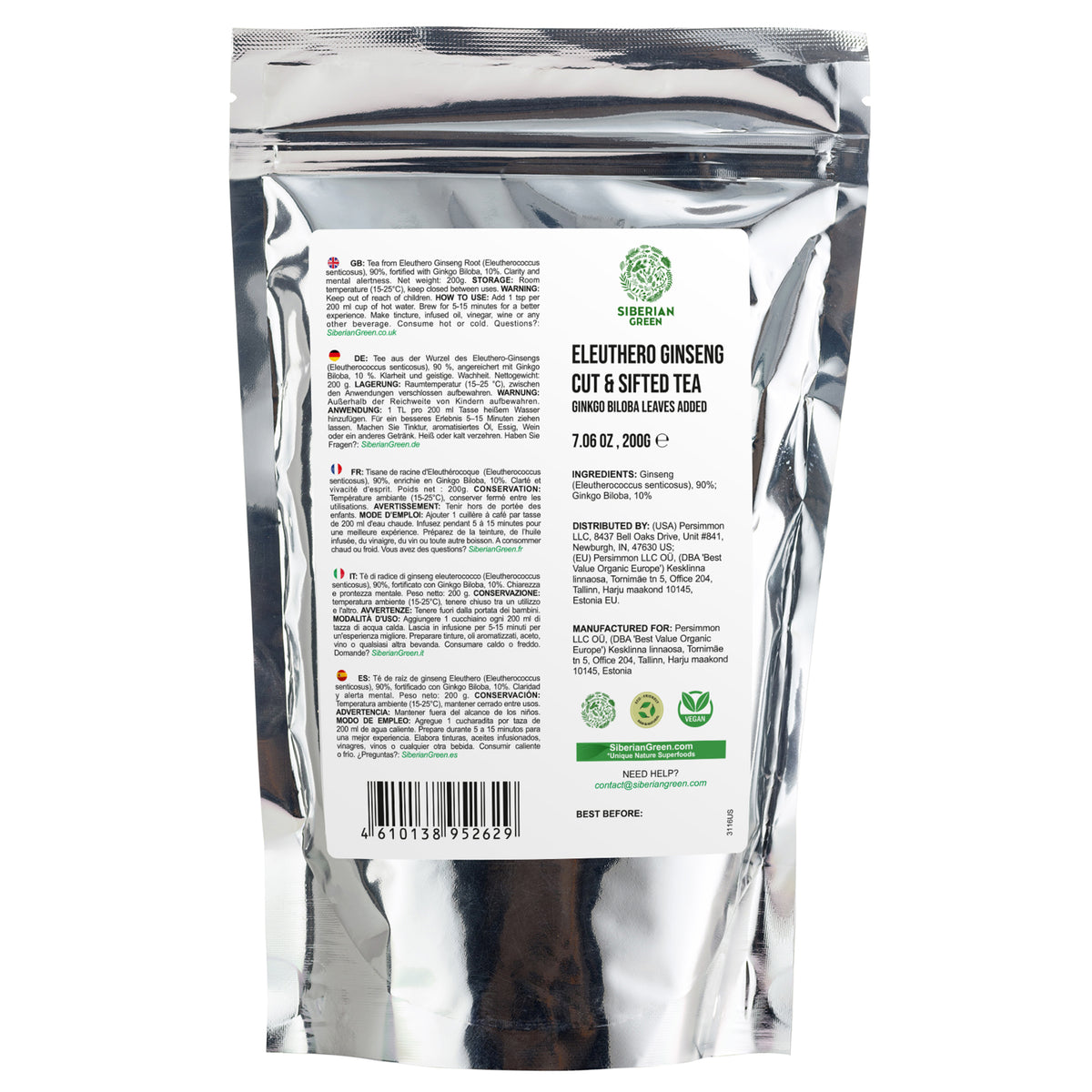 Organic Siberian Ginseng Powder with 10% Ginkgo Biloba