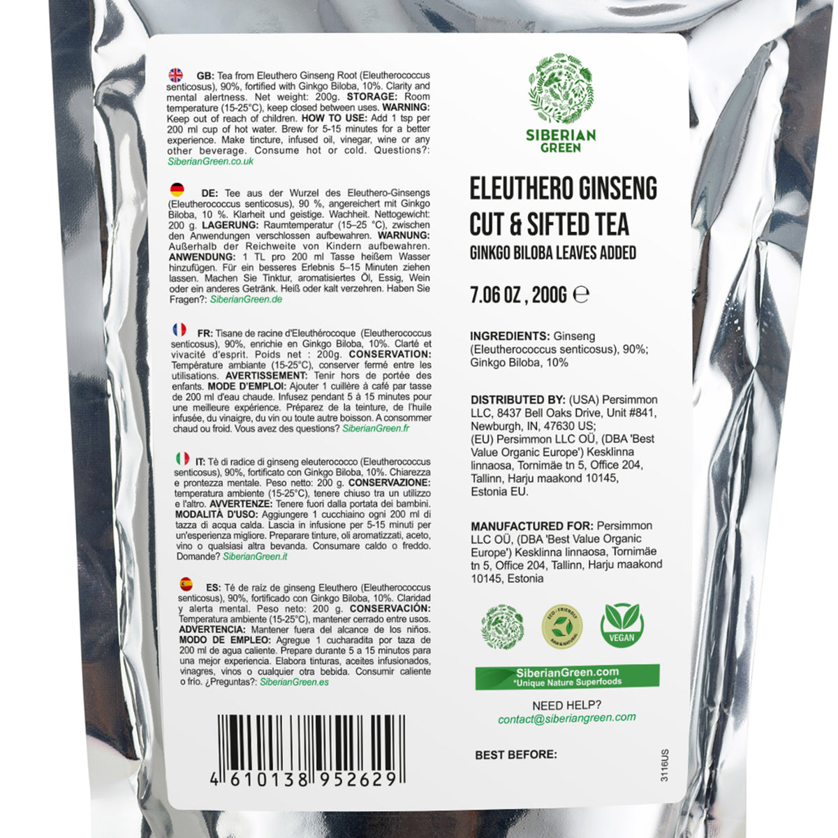 Organic Siberian Ginseng Powder with 10% Ginkgo Biloba
