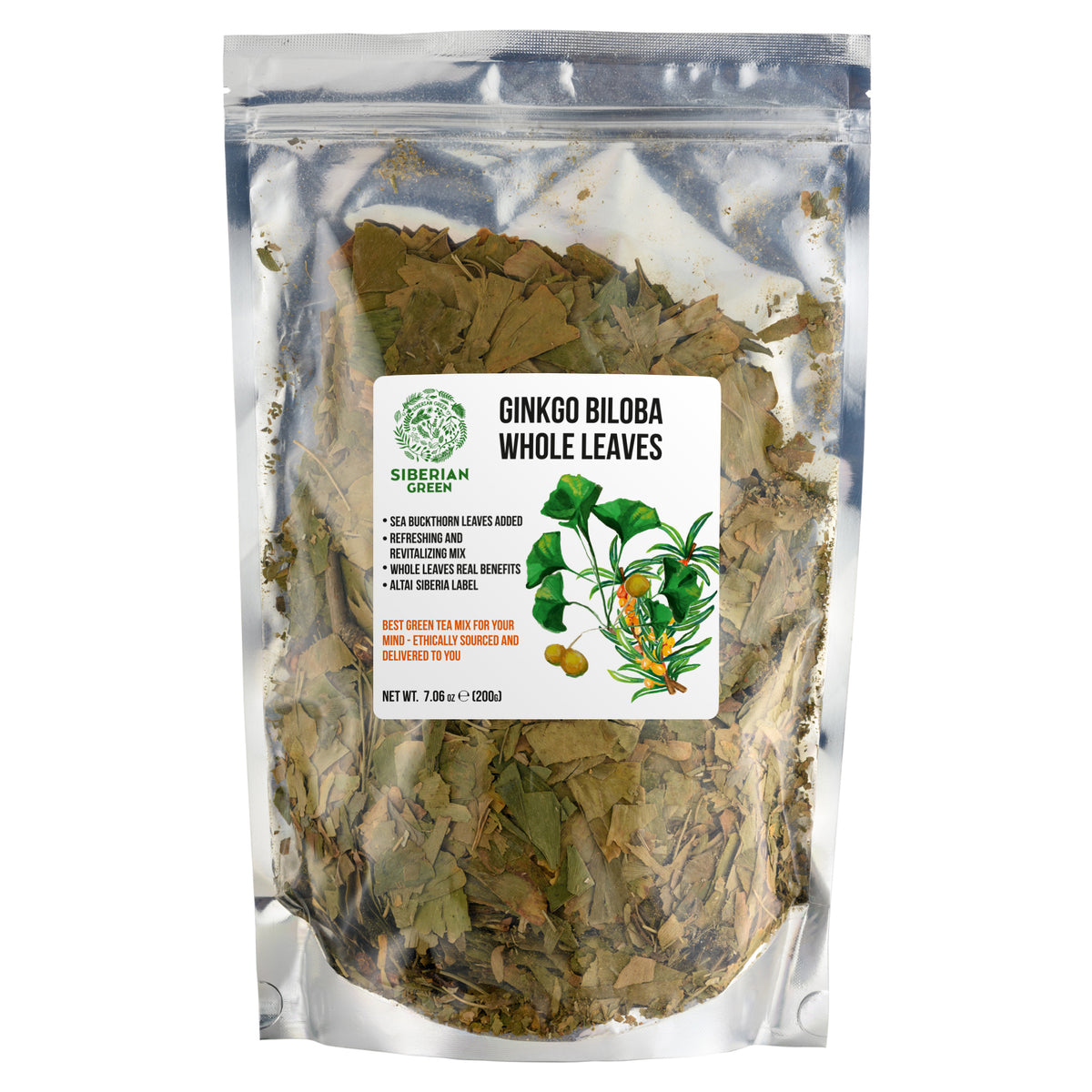 Hojas de Ginkgo Biloba siberiano verde cortadas y tamizadas, 200 g (7,06 oz): té de Biloba suelto 100 % de primera calidad, cosecha silvestre, pura y saludable