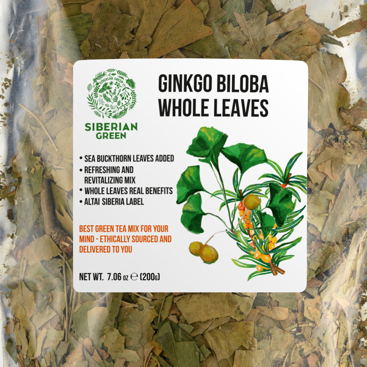 Hojas de Ginkgo Biloba siberiano verde cortadas y tamizadas, 200 g (7,06 oz): té de Biloba suelto 100 % de primera calidad, cosecha silvestre, pura y saludable