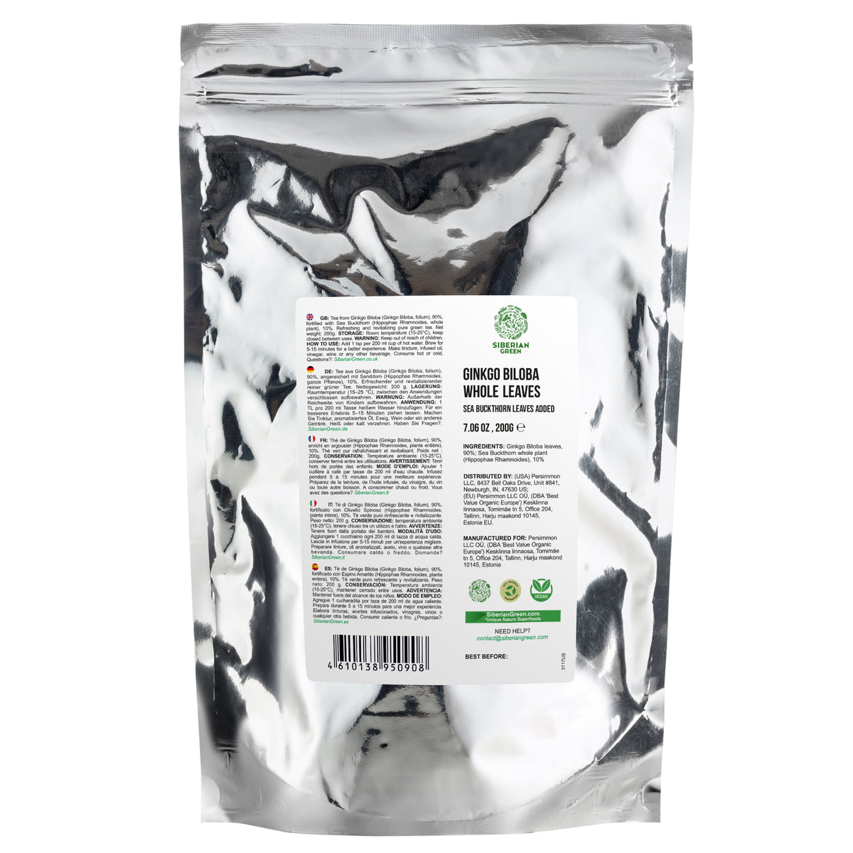 Hojas de Ginkgo Biloba siberiano verde cortadas y tamizadas, 200 g (7,06 oz): té de Biloba suelto 100 % de primera calidad, cosecha silvestre, pura y saludable