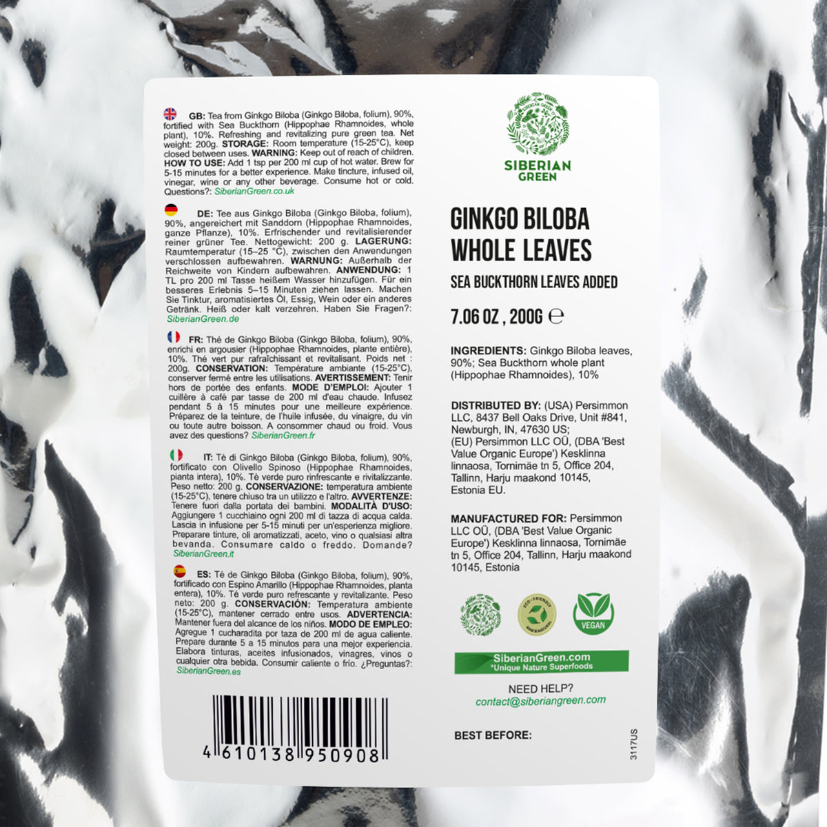 Hojas de Ginkgo Biloba siberiano verde cortadas y tamizadas, 200 g (7,06 oz): té de Biloba suelto 100 % de primera calidad, cosecha silvestre, pura y saludable