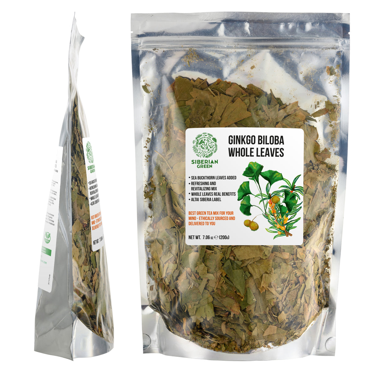 Hojas de Ginkgo Biloba siberiano verde cortadas y tamizadas, 200 g (7,06 oz): té de Biloba suelto 100 % de primera calidad, cosecha silvestre, pura y saludable