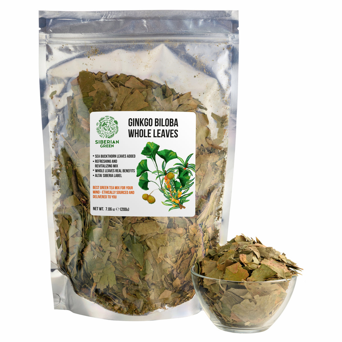 Hojas de Ginkgo Biloba siberiano verde cortadas y tamizadas, 200 g (7,06 oz): té de Biloba suelto 100 % de primera calidad, cosecha silvestre, pura y saludable