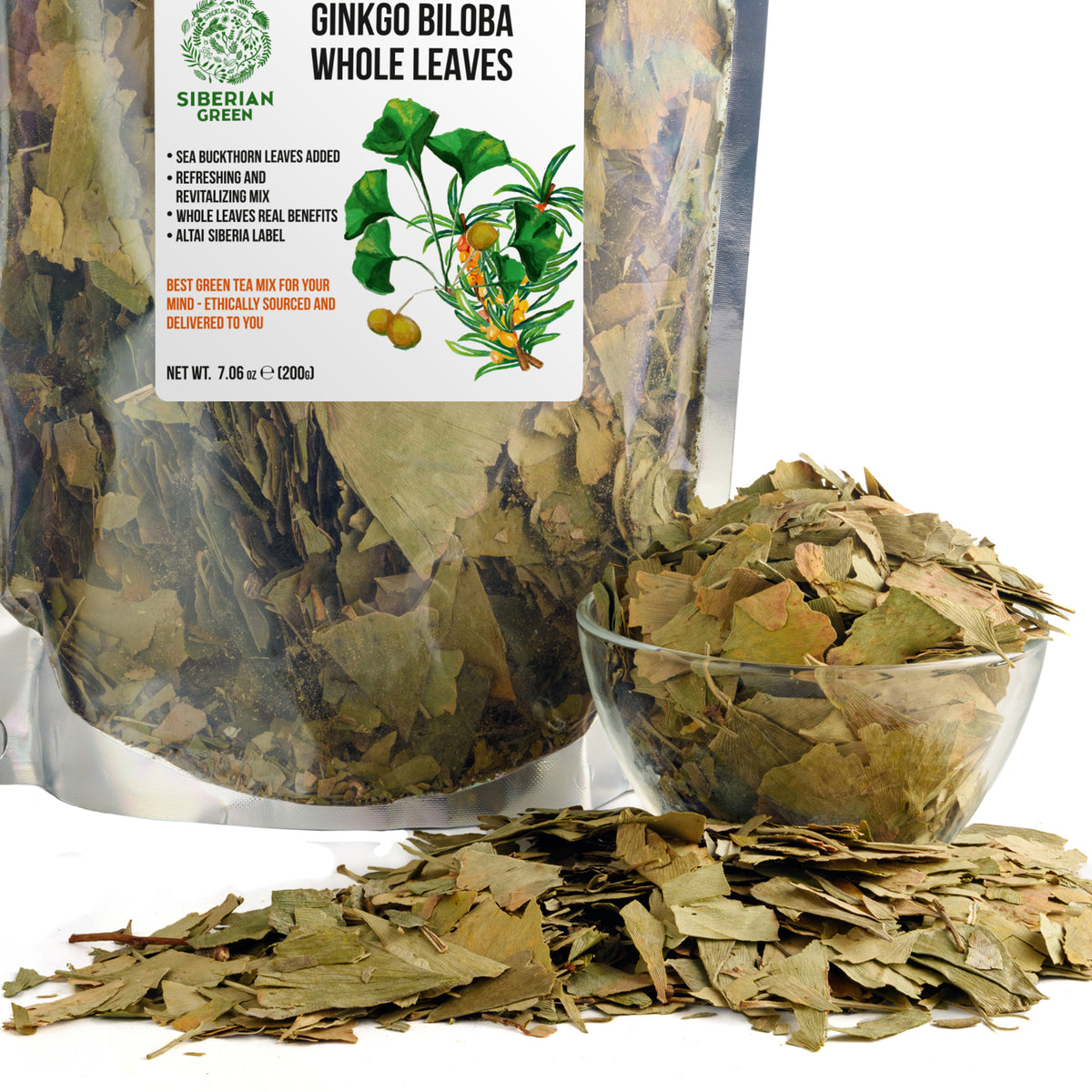 Hojas de Ginkgo Biloba siberiano verde cortadas y tamizadas, 200 g (7,06 oz): té de Biloba suelto 100 % de primera calidad, cosecha silvestre, pura y saludable