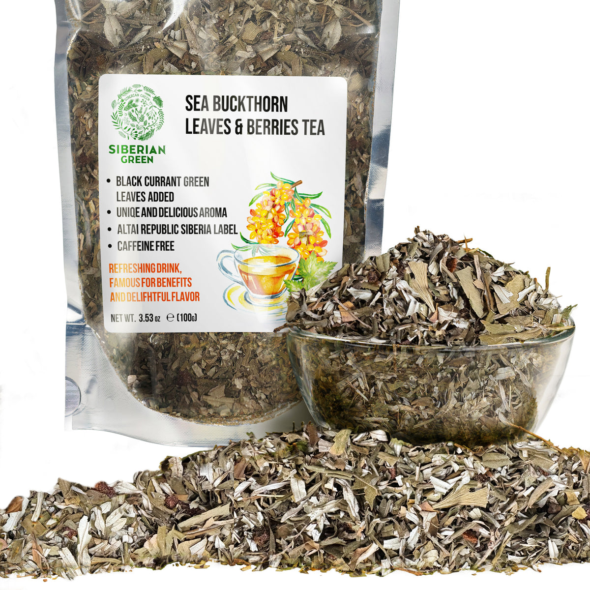 Té de espino amarillo siberiano, 100 g (3,53 oz), hojas secadas al sol de Hippophae, recolectadas de forma silvestre en las montañas de Altái