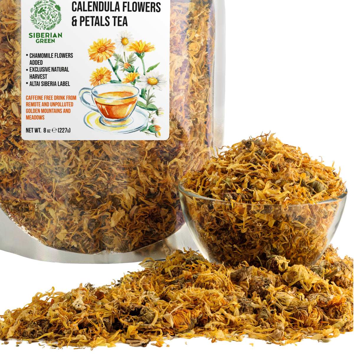 Té de pétalos de flores de caléndula verde siberiana 227 g (8 oz) Caléndula seca recolectada de forma silvestre en las montañas doradas de Altái