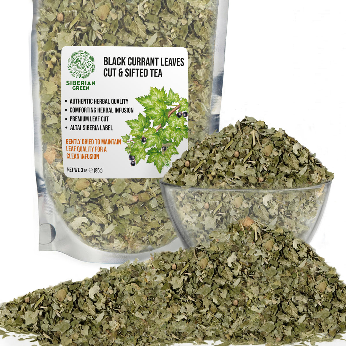 Siberian Green Black Currant Leaf Tea Loose Leaf Cut and Sifted 3 oz (85 g) Wild-Grown Ribes nigrum Immune and Wellness Support