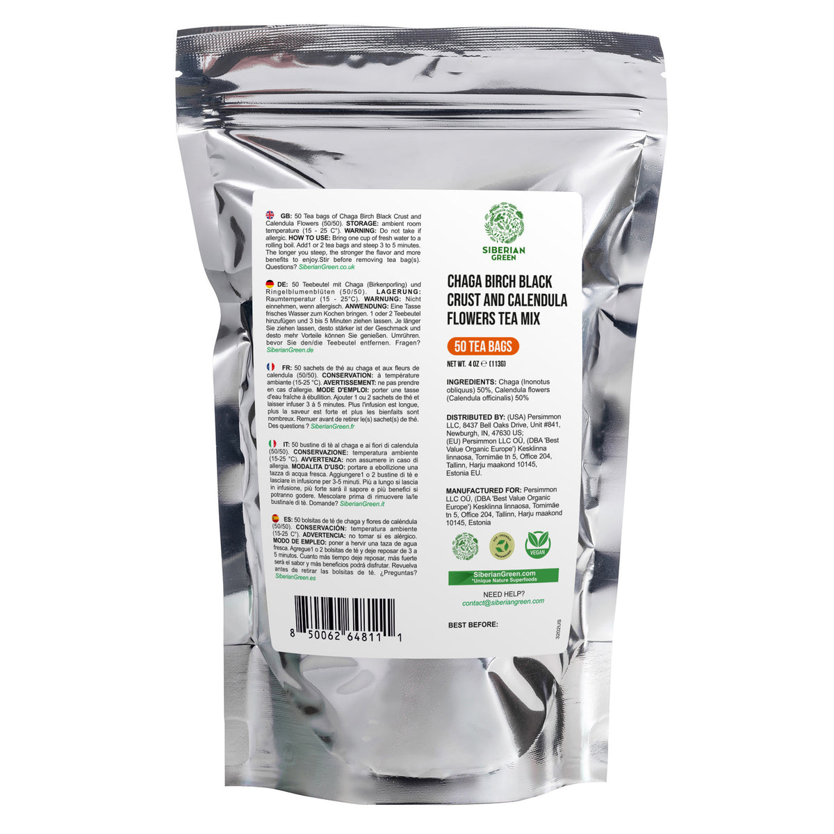 Siberian Green Chaga Tea with Calendula | 50 Tea Bags for Immune and Skin Support
