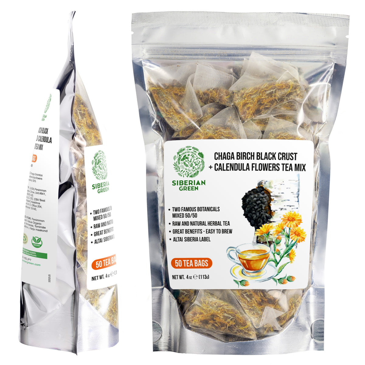 Siberian Green Chaga Tea with Calendula | 50 Tea Bags for Immune and Skin Support